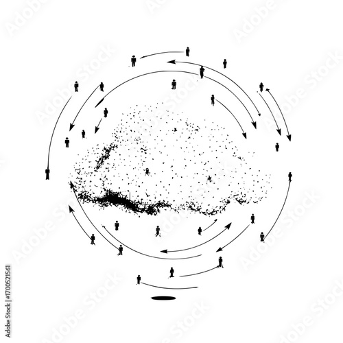 Human figures in a circular formation with arrows around a central abstract cloud in black and white