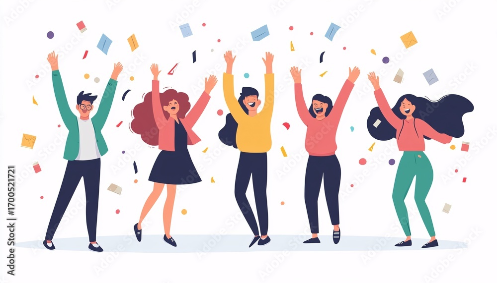 Obraz premium Five cheerful colleagues joyfully raise their hands amidst colorful confetti and papers, expressing their excitement and success.