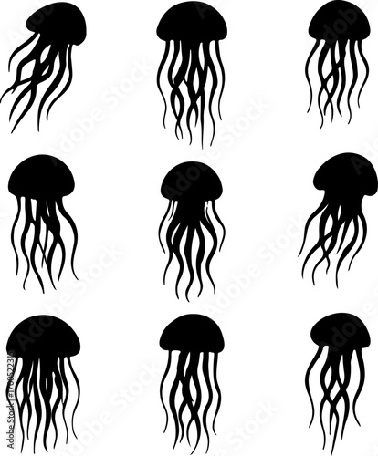 Jellyfish silhouettes set, modern jellyfish set vector, Creative black jellyfish vector art, stylish jellyfish vector logo, Set of jellyfish art design, jellyfish silhouette collection