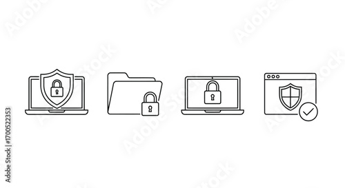 Vector illustration of outline icons representing computer security, data protection, and file privacy