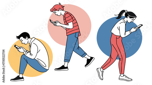 Three young people are shown engrossed in their smartphones, with their heads bent forward in a posture that suggests poor ergonomics.