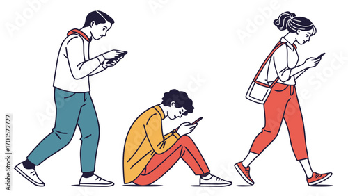 Illustration of three individuals, two walking and one sitting, all deeply focused on their mobile phones, depicting modern digital device usage.