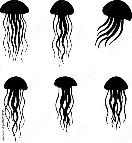 Jellyfish silhouettes set, modern jellyfish set vector, Creative black jellyfish vector art, stylish jellyfish vector logo, Set of jellyfish art design, jellyfish silhouette collection