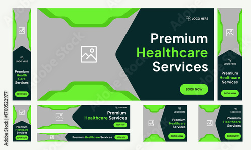 Digital healthcare services web set banner design for social media post, modern medical services web bundle banner design, fully customizable vector eps 10 file format