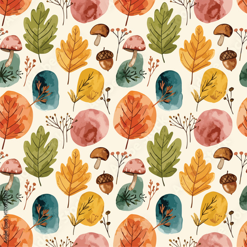 Autumn themed watercolor pattern featuring leaves, mushrooms, acorns and abstract shapes, seamless pattern, royalty free stock.
