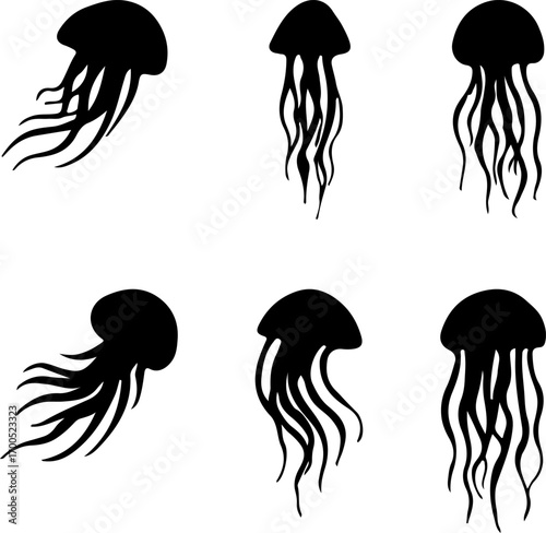 Jellyfish silhouettes set, modern jellyfish set vector, Creative black jellyfish vector art, stylish jellyfish vector logo, Set of jellyfish art design, jellyfish silhouette collection