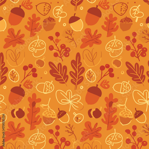 Autumn pattern with acorns, leaves and berries vector illustration design, seamless pattern, royalty free stock.