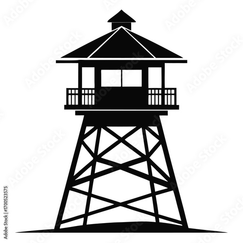Black Silhouette of a Coastal Observation Tower with Gable Roof and Balcony Railing