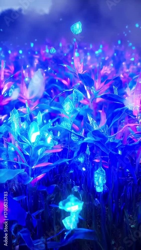 Bioluminescent fantasy plants with holographic leaves glow in surreal colors, blending sci-fi and fantasy aesthetics with ultra-sharp 4K detail. Created with generative AI.