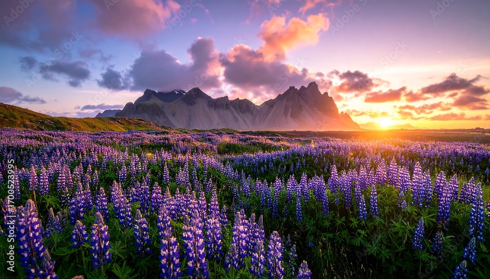 Obraz premium A vast field of vibrant purple lupines blankets a landscape at sunset, with dramatic mountains rising in the background.