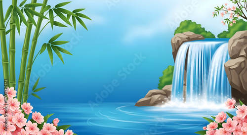 Illustration of waterfall bamboo and pink cherry blossom