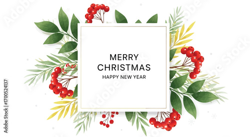 Vector illustration of elegant merry christmas and happy new year greeting card design featuring a square frame adorned with watercolor rowan berries and green foliage