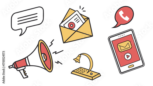 Collection of communication icons including speech bubble, email, phone, and megaphone.