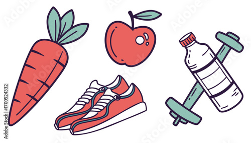 Illustration of healthy lifestyle elements including food, exercise, and hydration for wellness.
