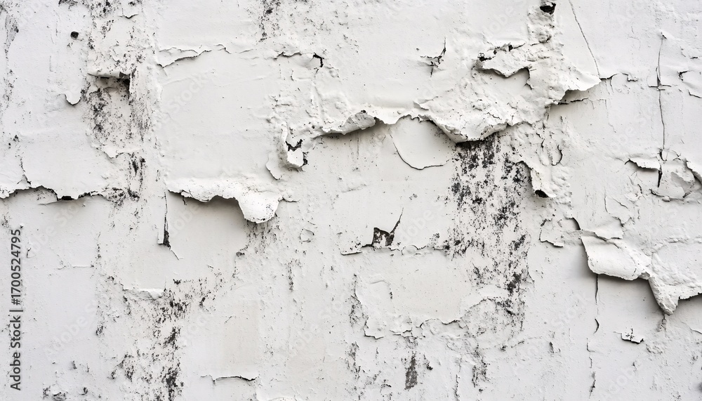 Obraz premium The image shows a close-up view of a wall with white paint that is peeling and cracking, revealing a darker underlayer in places.