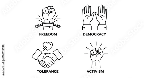 Vector illustration of four icons representing freedom, democracy, tolerance, and activism