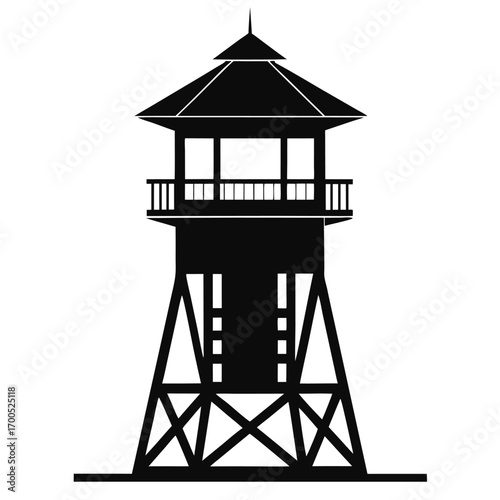 Silhouette of a Multilevel Observation Tower with Detailed Base and Roof Structure
