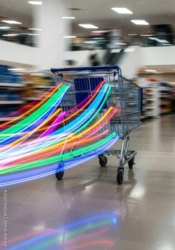 Obraz premium Shopping cart with vibrant colorful light trails in a store.