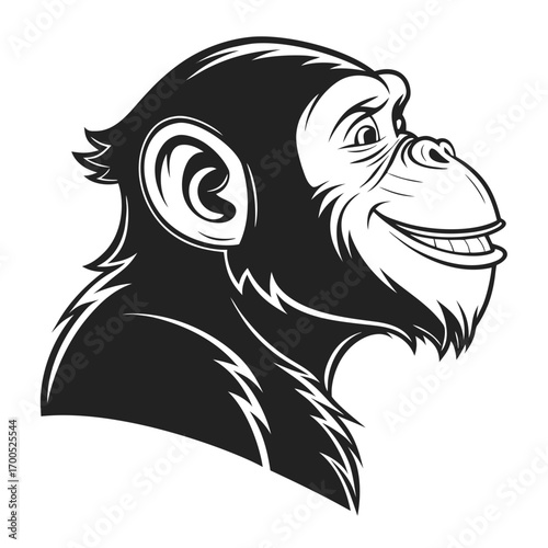 Stylized black and white chimpanzee head with a wide smile