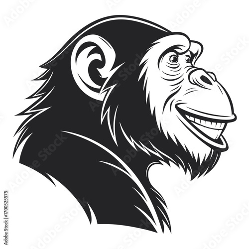 Stylized black and white chimpanzee head with a wide grin