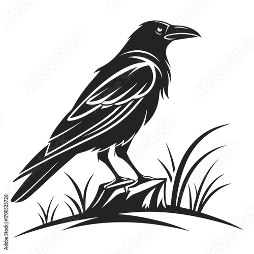 Stylized black silhouette of a raven perched on a rock with grass