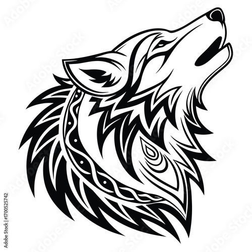 Monochromatic tribal wolf head emblem design suitable for banners and advertisements