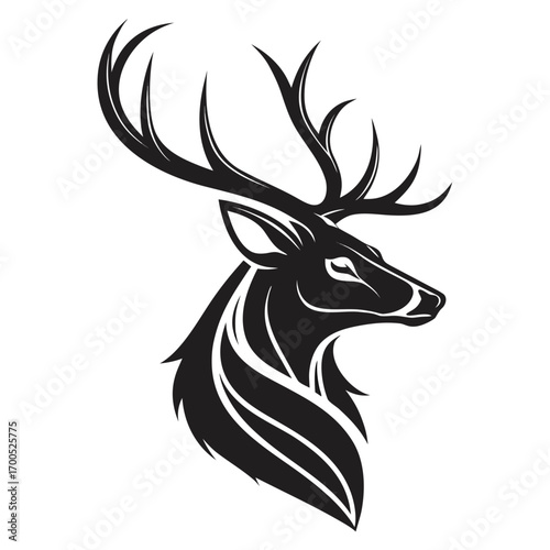 Stylized black deer head with antlers on white background