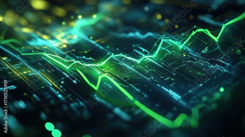 Abstract glowing green line graph overlaying a circuit board design background