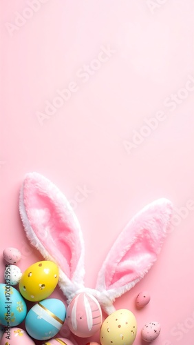 Festive pastel eggs and bunny ears arranged on a soft pink background.