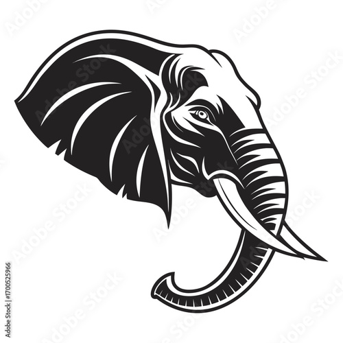 Stylized black and white elephant head with tusks and trunk