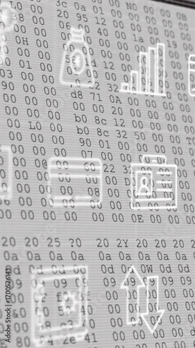 Animation of multiple digital icons moving over data processing against white background