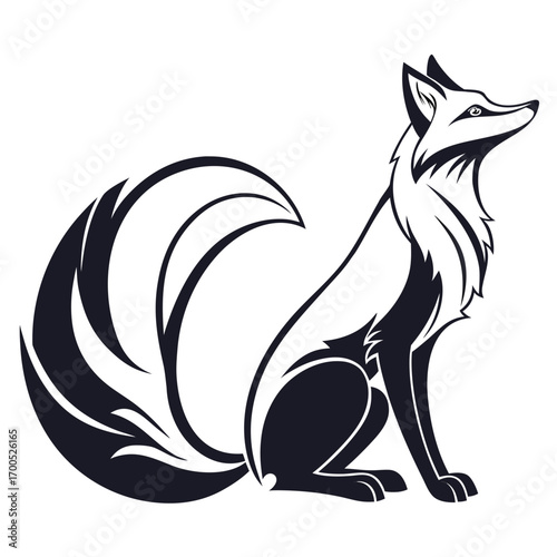 Stylized black and white fox with a large bushy tail