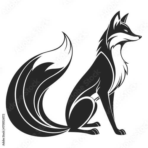 Stylized black fox sitting with a large bushy tail