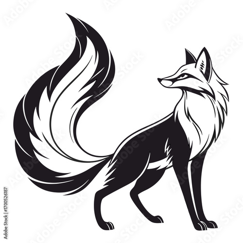 Stylized black and white fox illustration with bushy tail