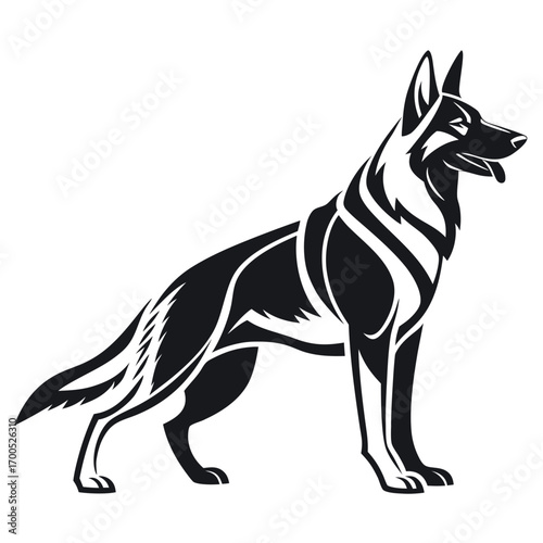 Stylized black and white german shepherd dog silhouette