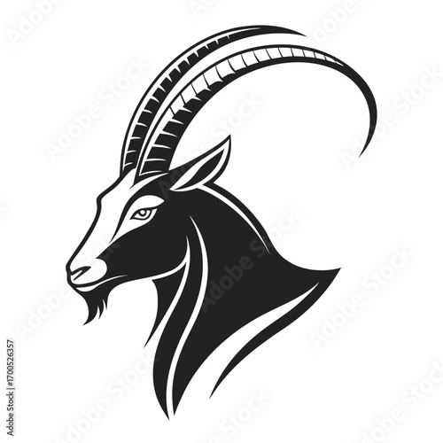Stylized black and white profile of a goat head with large horns