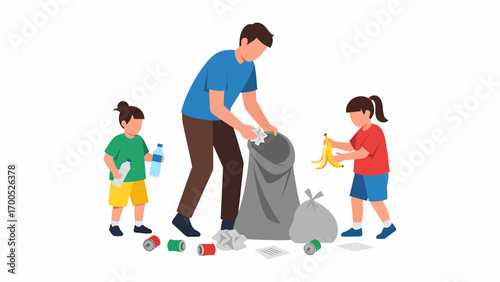 Responsible family with kids picking up garbage for recycling and conservation