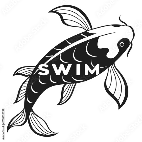 Stylized black and white koi fish with the word swim