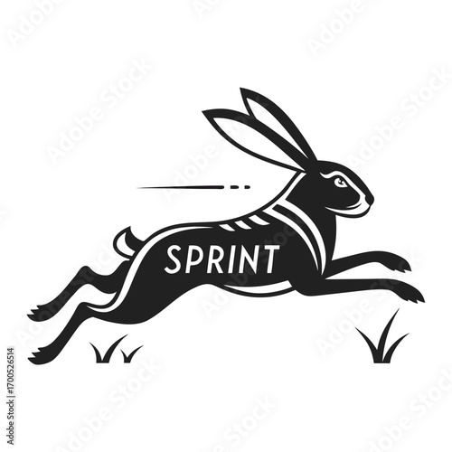 Black silhouette of a rabbit running with the word sprint on its body