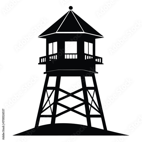 Silhouette Illustration of a Hexagonal Observation Tower with Lattice Support and Balcony Railing