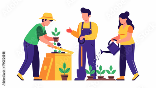 Young friends collaborating in a community garden, nurturing new plant growth together as a team