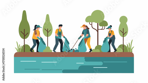 Community volunteers working together to clean a polluted river shore in a park