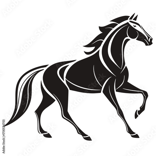 Elegant black horse silhouette in motion with flowing mane and tail