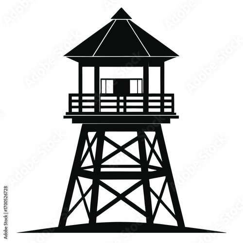 Silhouette of a Wooden Observation Tower Structure with Roof, Railings and Base Design
