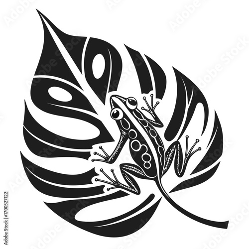 Stylized black and white frog perched on a tropical leaf