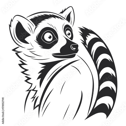 Stylized black and white illustration of a ring tailed lemur