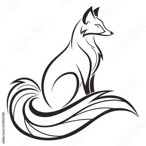 Stylized black and white fox illustration with flowing lines and bushy tail