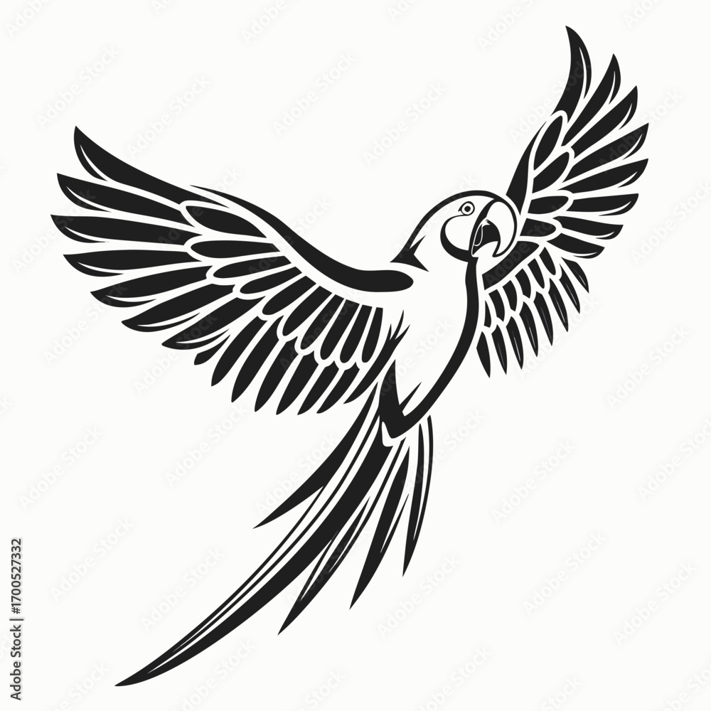 Fototapeta premium Stylized black and white parrot in flight tattoo design