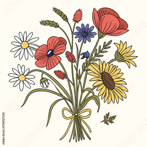 Charming hand drawn wildflower bouquet illustration with delicate botanical elements and artistic flair