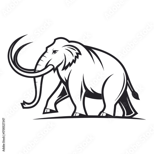 Stylized mammoth walking silhouette black and white illustration